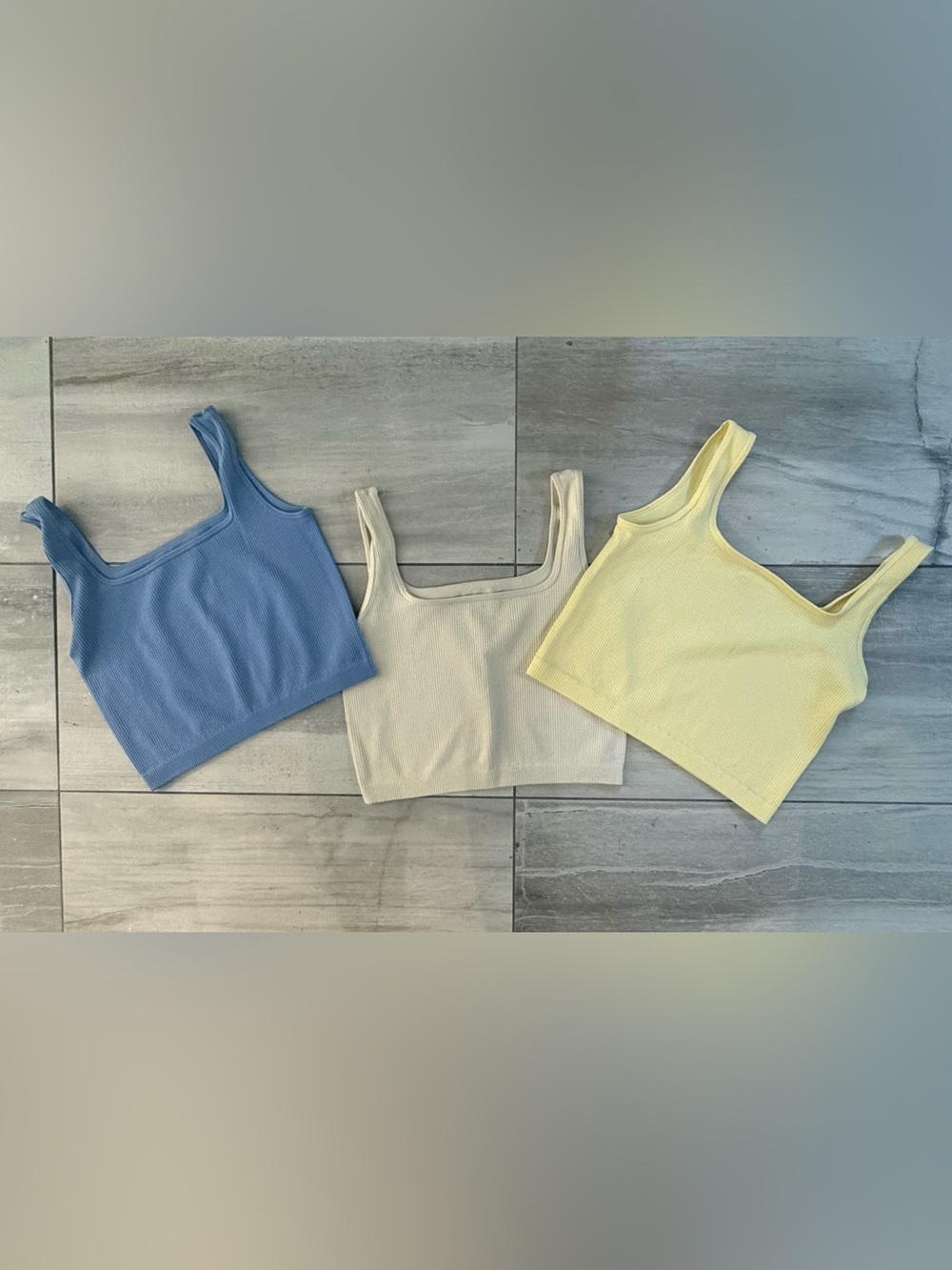 Ribbed Square-Neck Crop Tank - Blue, Cream, Yellow